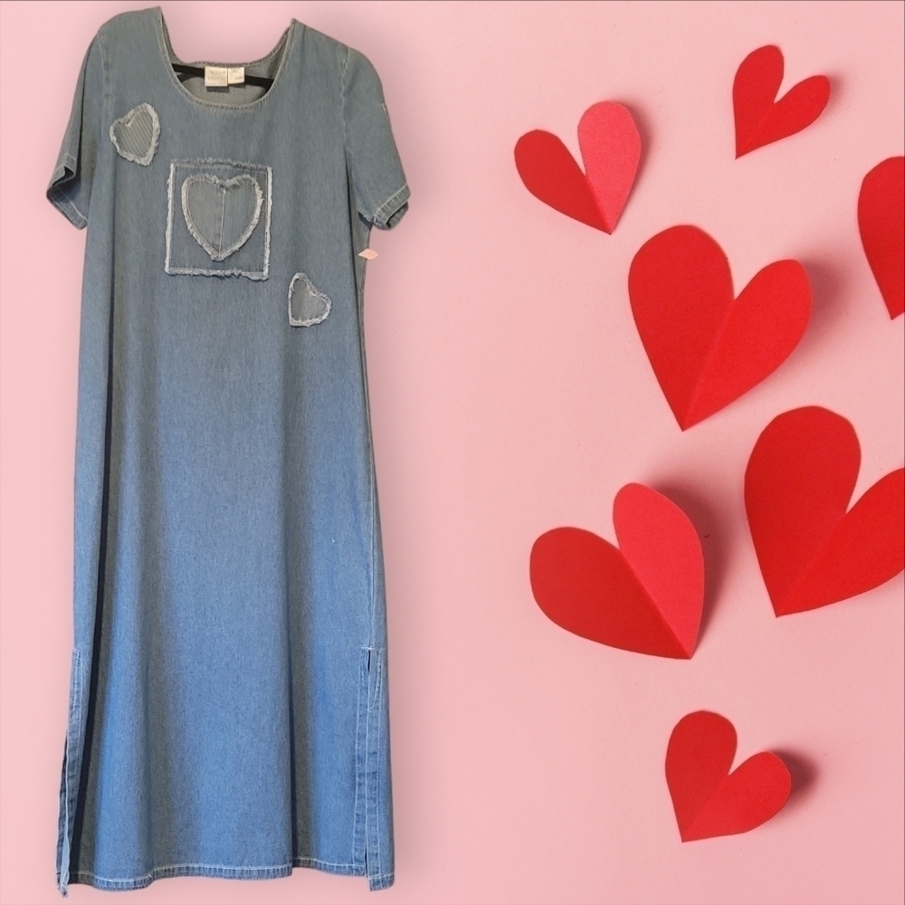 BLEU BAYOU Vintage Blue Denim Jean Maxi Dress Sewn Hearts Women Size Large VDay